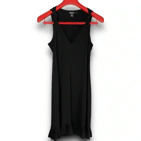 Dkny Dresses & Skirts - DKNY‎ Vintage Black Sleeveless A-Line V-Neck Dress M Knotted Straps Pleated Trim